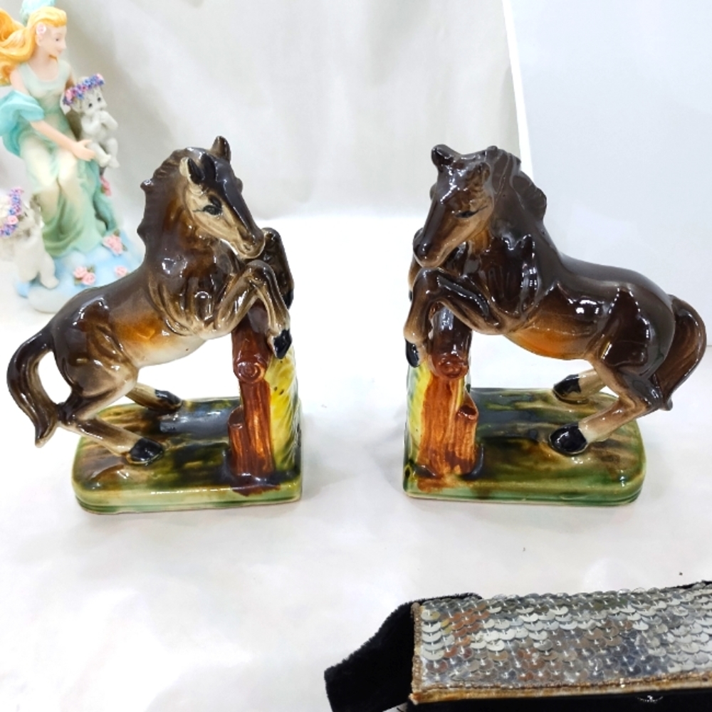 Vintage Ceramic Horse Bookends Jumping Horses Mid-Century Modern Glossy Finish